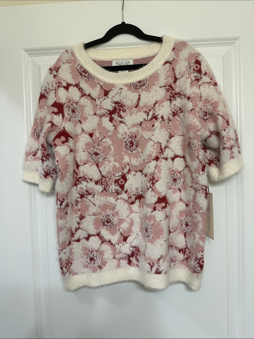 Rachel Zoe Cream and Pink Floral Fuzzy Short Sleeve Sweater size small